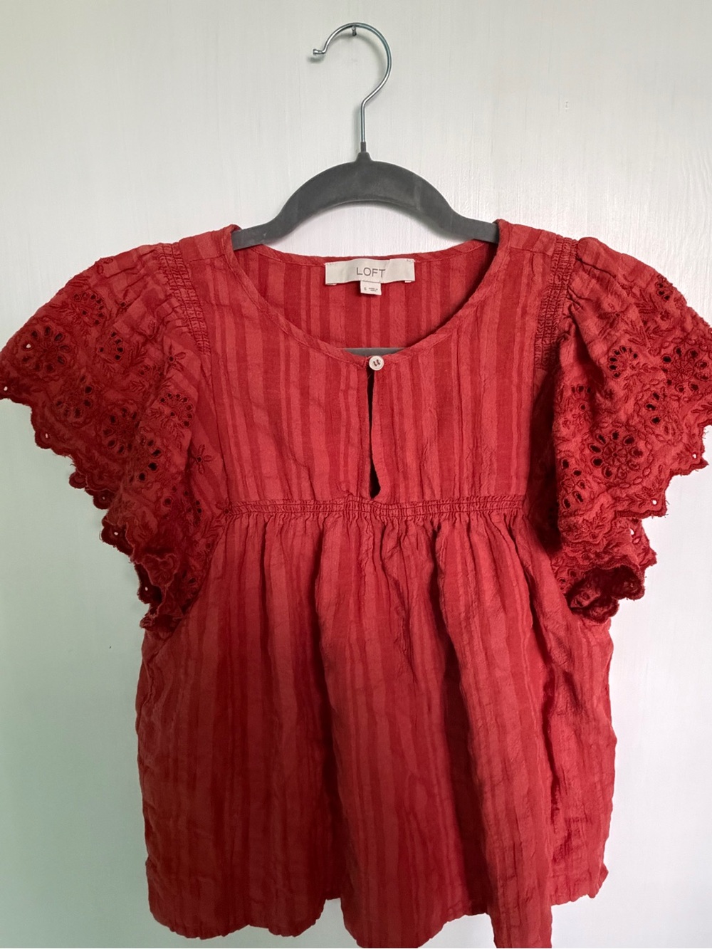 LOFT Red Eyelet Flutter-Sleeve Peasant Blouse
